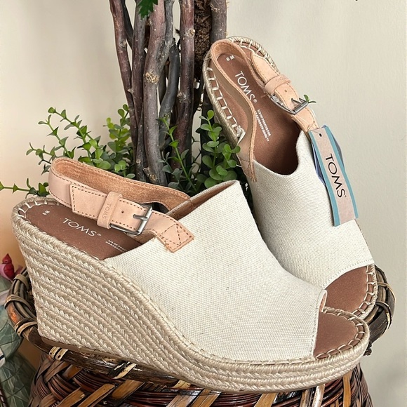 Toms Shoes - Brand New TOMS Natural Oxford Leather Neutral Espadrille Wedge Slingback Sandals